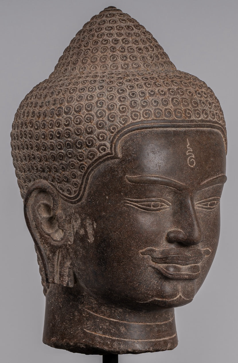 Statue Shiva - Antique Khmer Style Brown Stone Shiva Head Statue - The Destroyer - 52cm/21 "