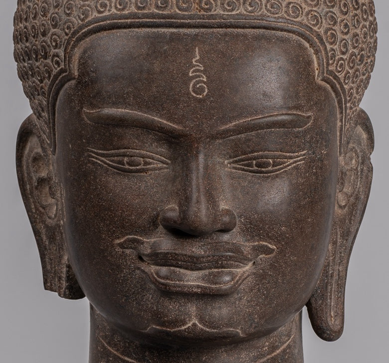 Statue Shiva - Antique Khmer Style Brown Stone Shiva Head Statue - The Destroyer - 52cm/21 "