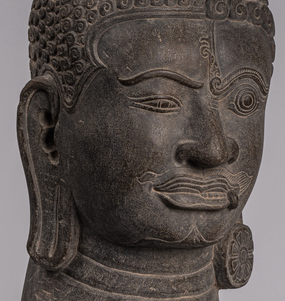 Shiva Statue - Antique Khmer Style Grey Stone Yaksha & Yakshaswaroop Shiva Head- 48cm/19 "