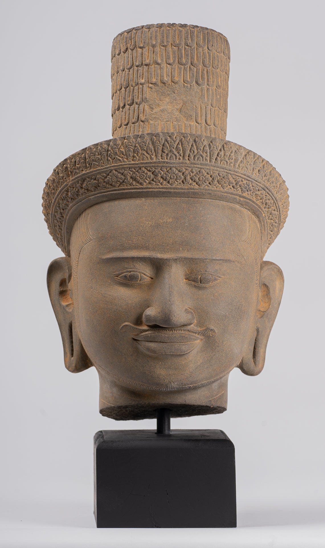 Vishnu Statue - Antique Koh Ker Style Stone Mounted Khmer Vishnu Head - 43cm / 17"