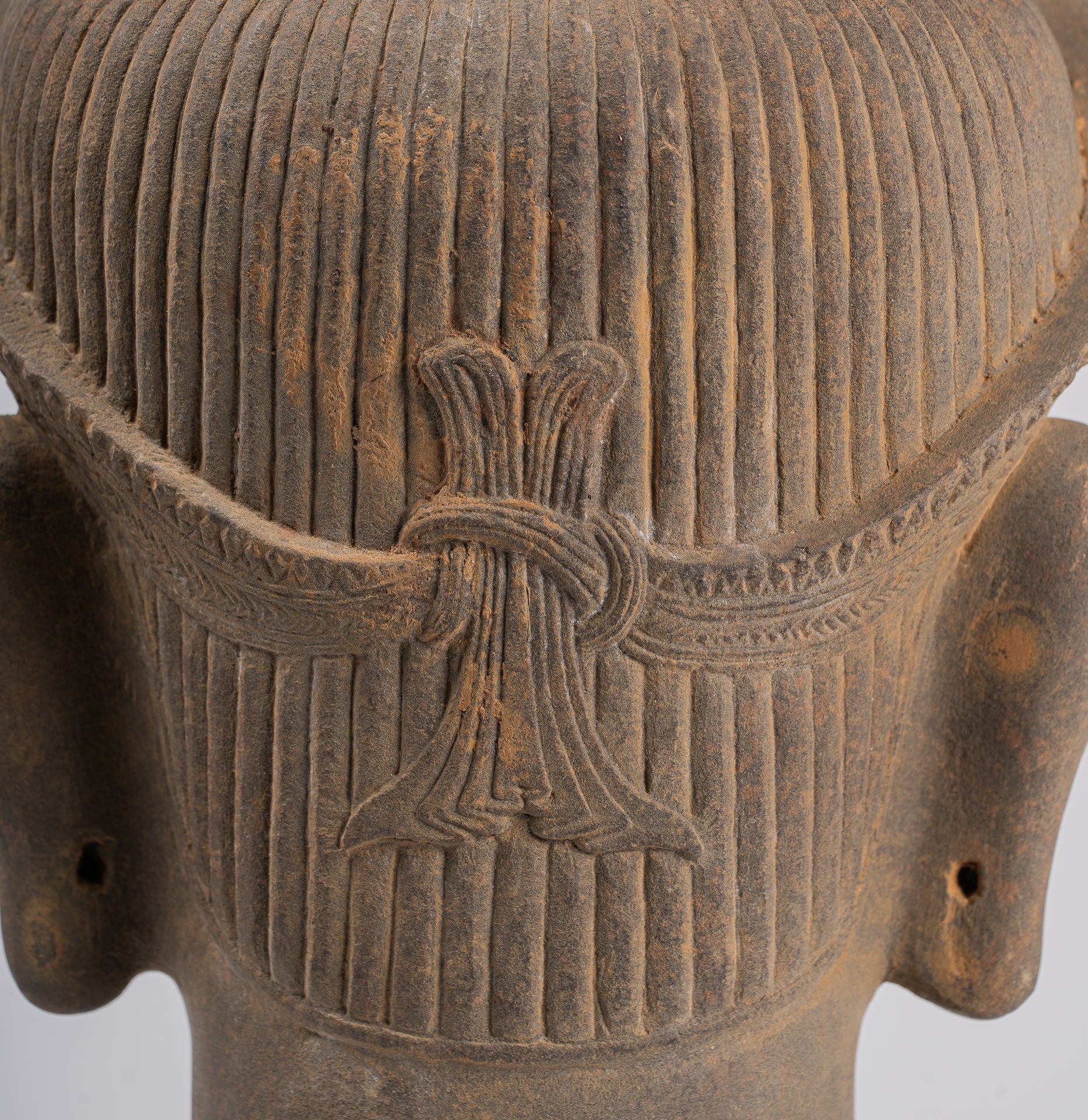 Vishnu Statue - Antique Koh Ker Style Stone Mounted Khmer Vishnu Head - 43cm / 17"