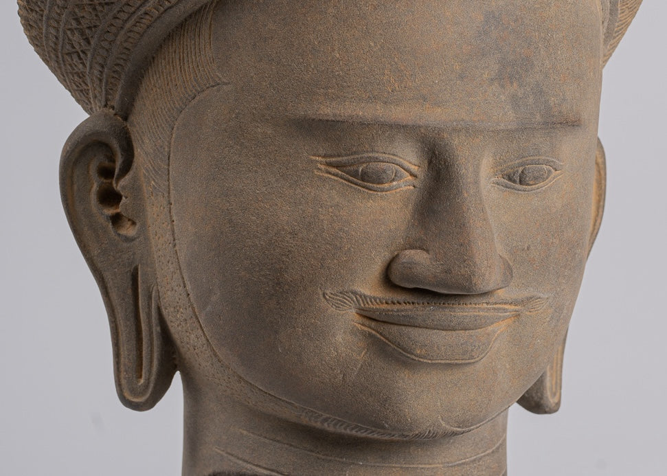 Vishnu Statue - Antique Baphuon Style Stone Mounted Khmer Vishnu Head - 43cm / 17"