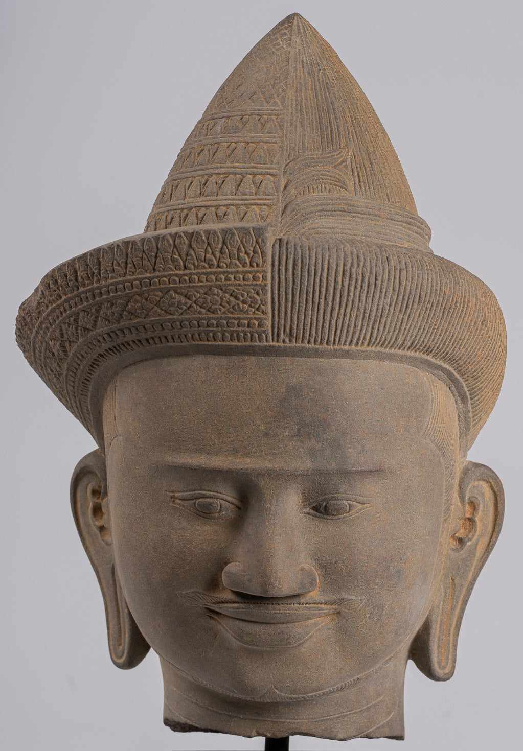 Vishnu Statue - Antique Baphuon Style Stone Mounted Khmer Vishnu Head - 43cm / 17"