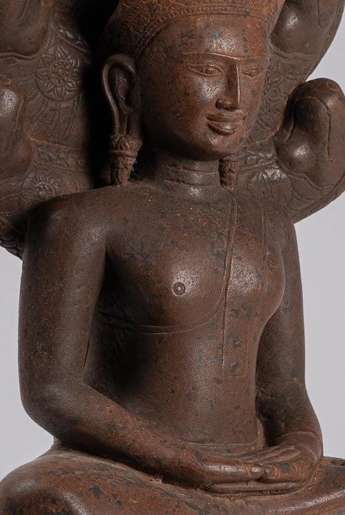 Buddha Statue - Antique Bayon Style Khmer Stone Seated Naga Meditation Buddha - 55cm/22"
