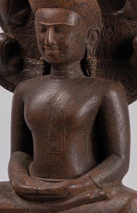 Buddha Statue - Antique Bayon Style Khmer Stone Seated Naga Meditation Buddha - 55cm/22"