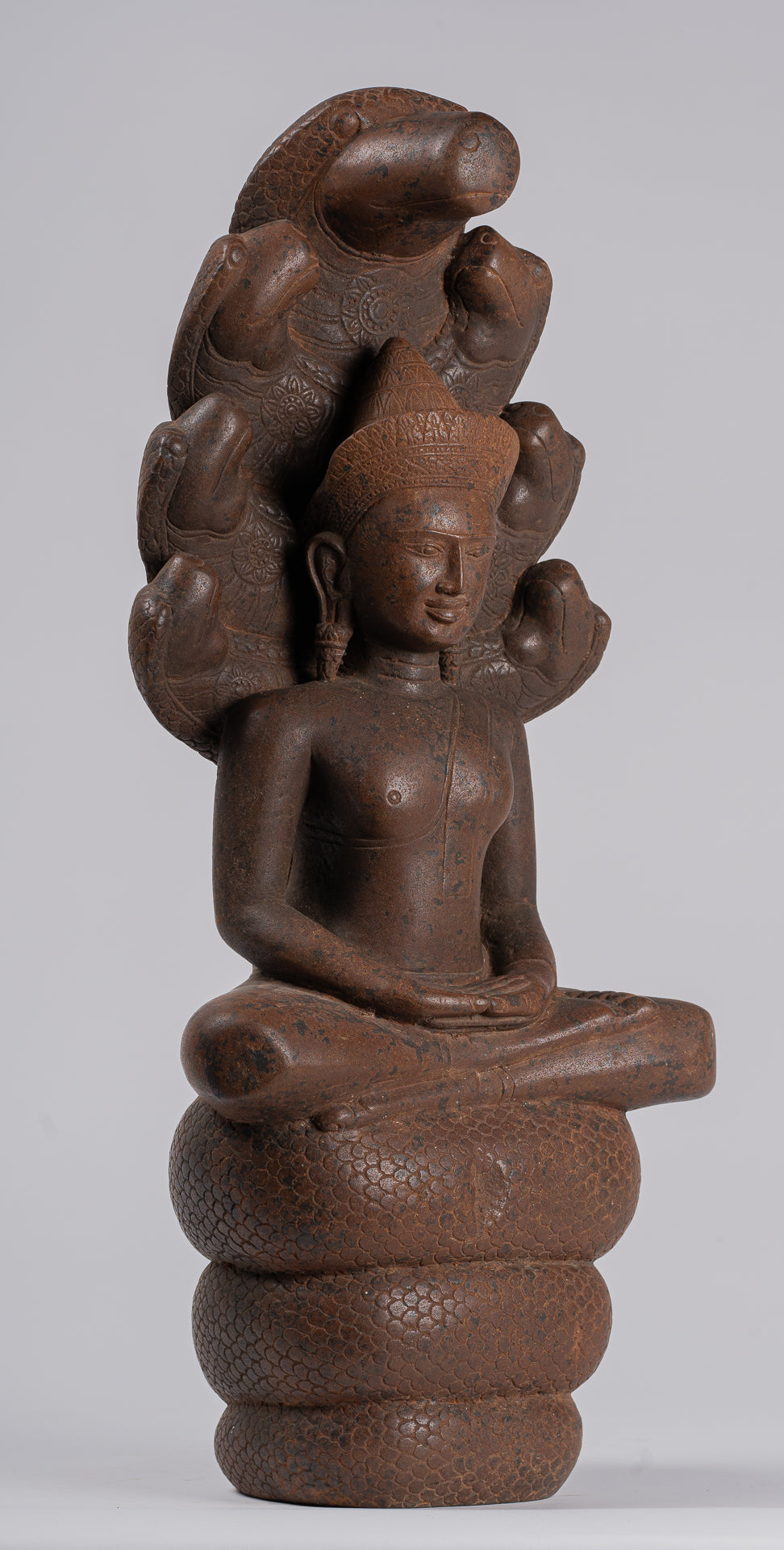 Buddha Statue - Antique Bayon Style Khmer Stone Seated Naga Meditation Buddha - 55cm/22"