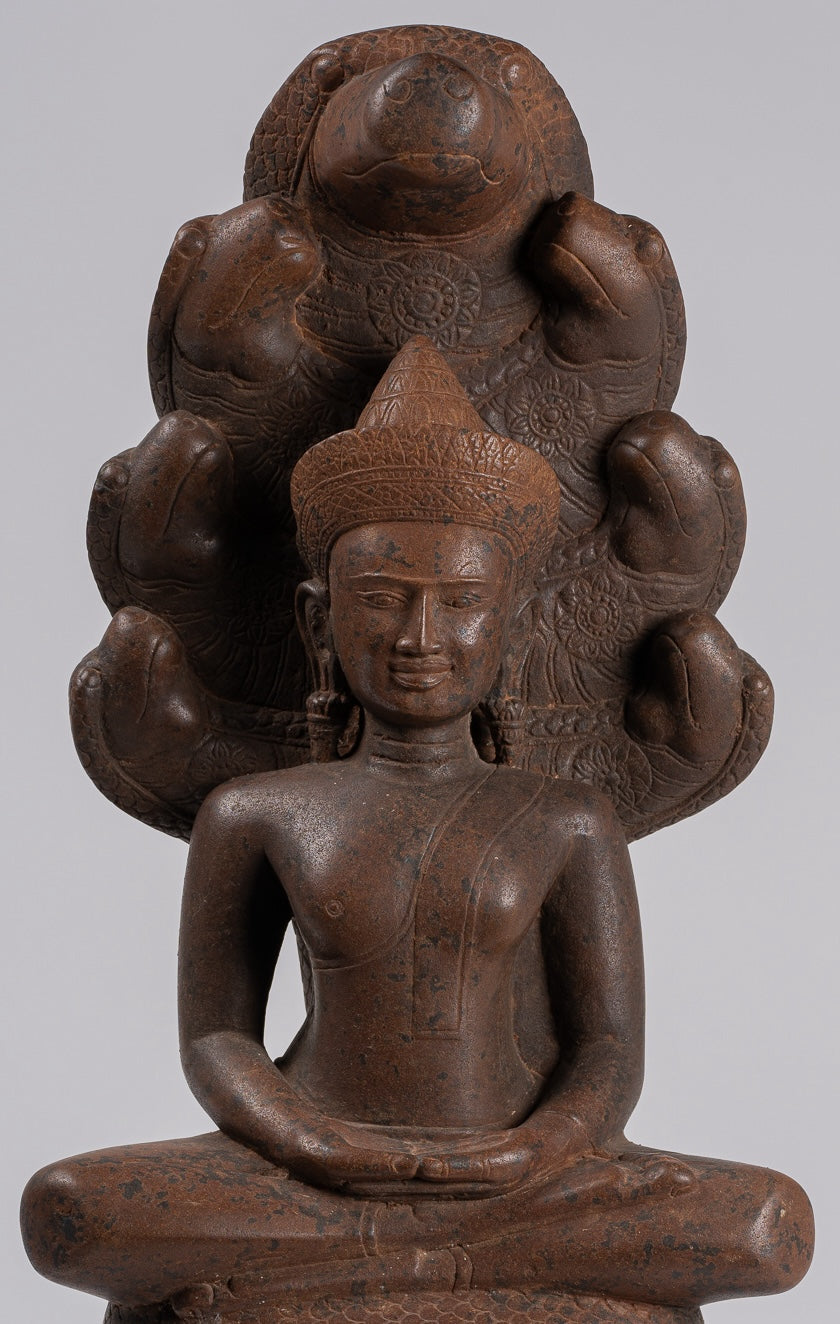 Buddha Statue - Antique Bayon Style Khmer Stone Seated Naga Meditation Buddha - 55cm/22"