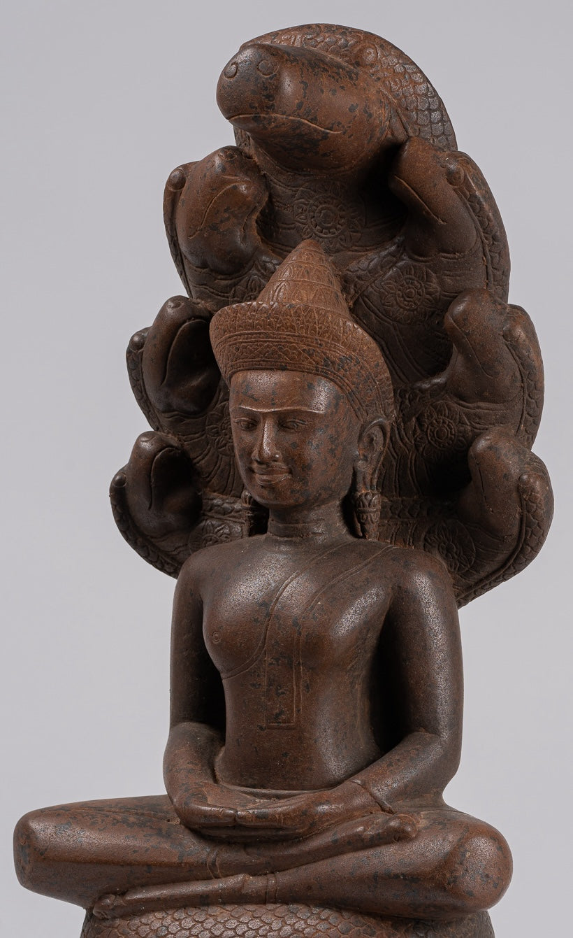 Buddha Statue - Antique Bayon Style Khmer Stone Seated Naga Meditation Buddha - 55cm/22"