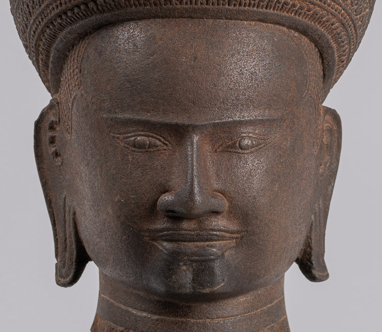 Vishnu Statue - Antique Koh Ker Style Stone Mounted Khmer Vishnu Head - 44cm / 18"