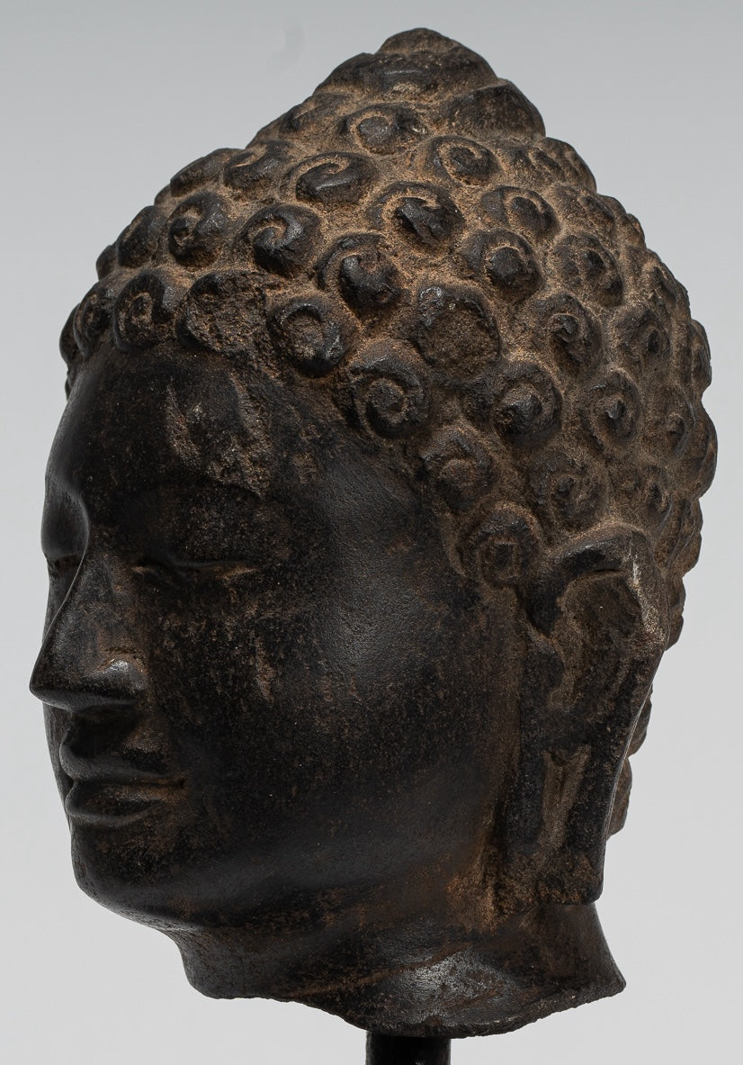 Buddha Statue - Antique Dvaravati Style Thai Stone Buddha Head Statue - 22cm/9"