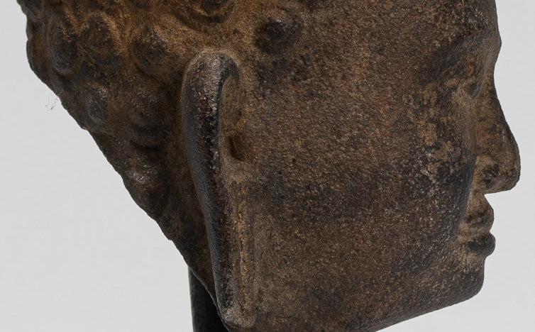 Stone Buddha Statue - Antique Khmer Style Stone Phnom Da Buddha Head - 23cm/9"