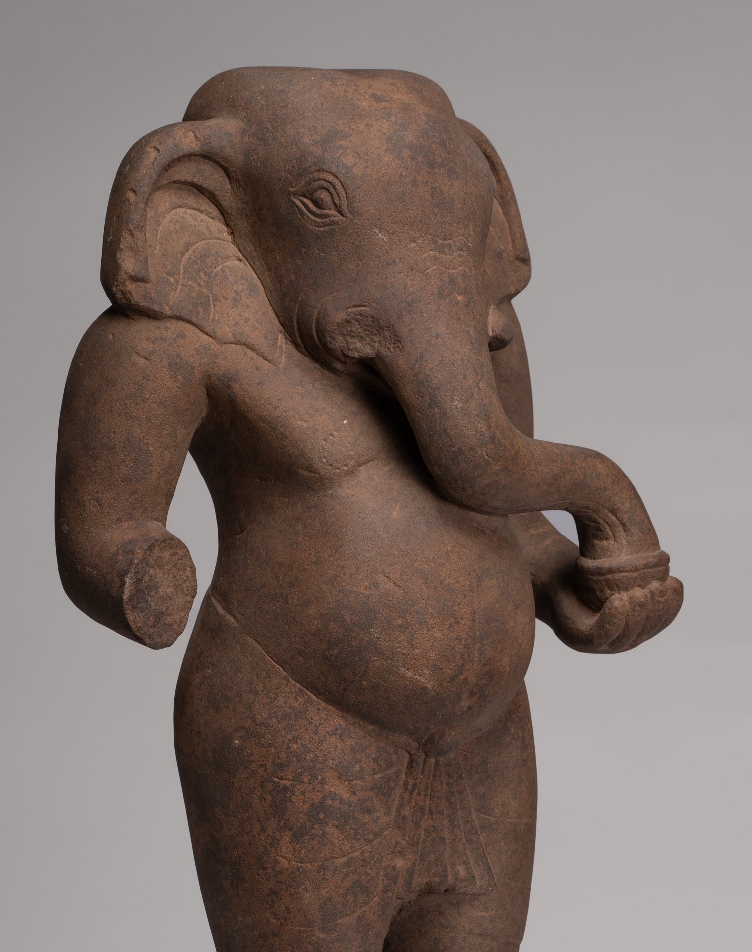 Ganesha Statue - Antique Vietnamese Style Stone Cham Mounted Ganesha Torso Statue - 67cm/27"