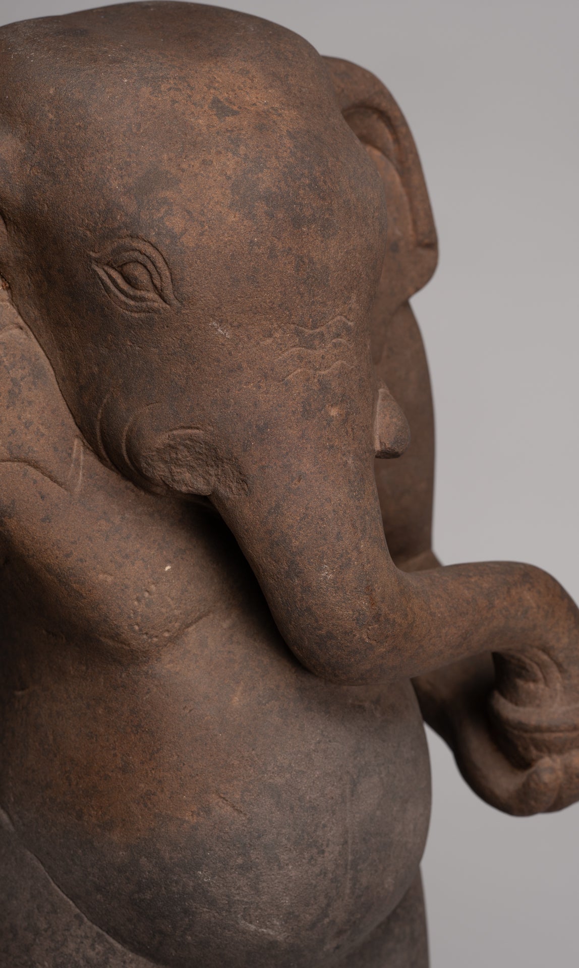 Ganesha Statue - Antique Vietnamese Style Stone Cham Mounted Ganesha Torso Statue - 67cm/27"