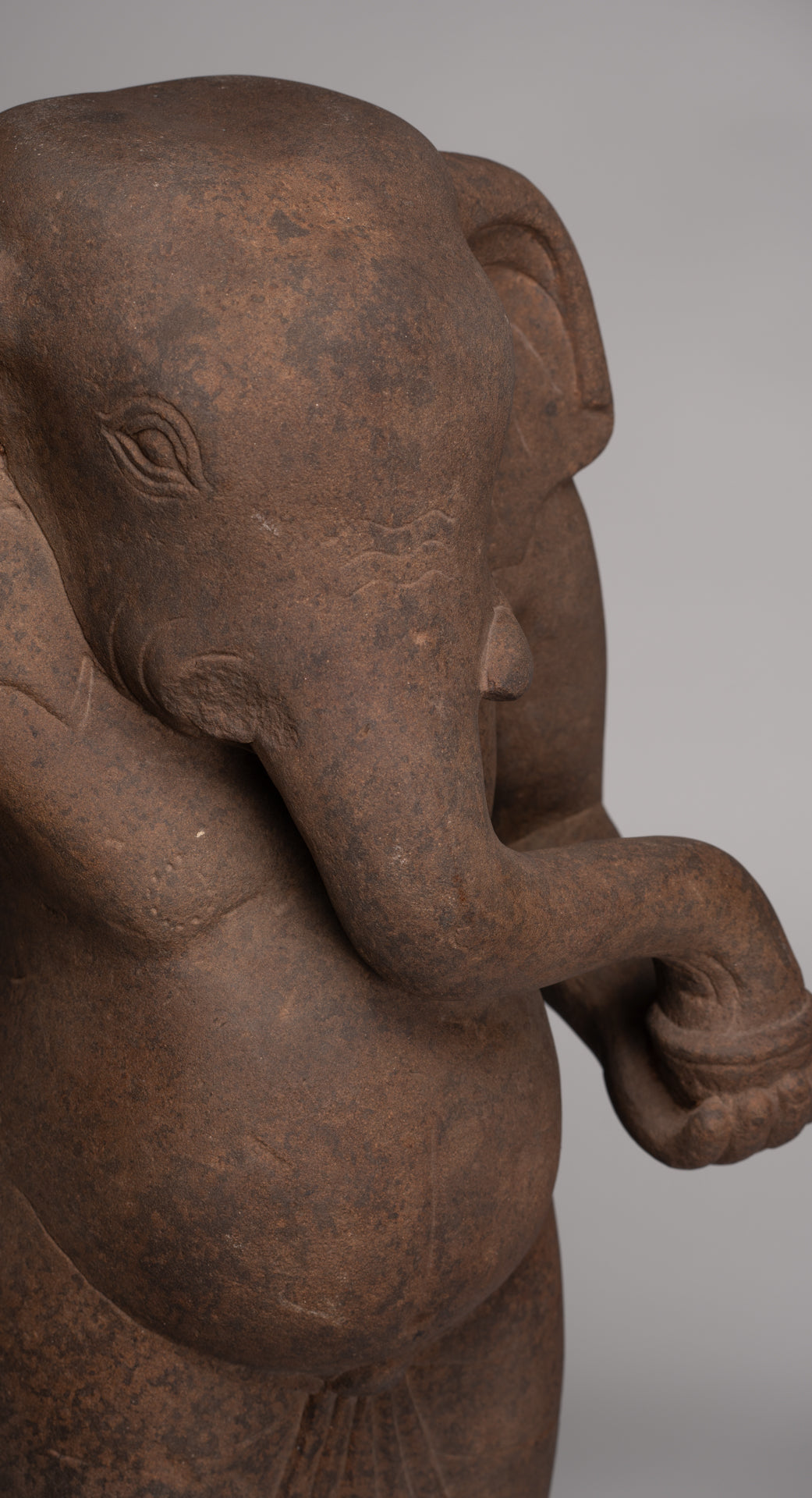 Ganesha Statue - Antique Vietnamese Style Stone Cham Mounted Ganesha Torso Statue - 67cm/27"