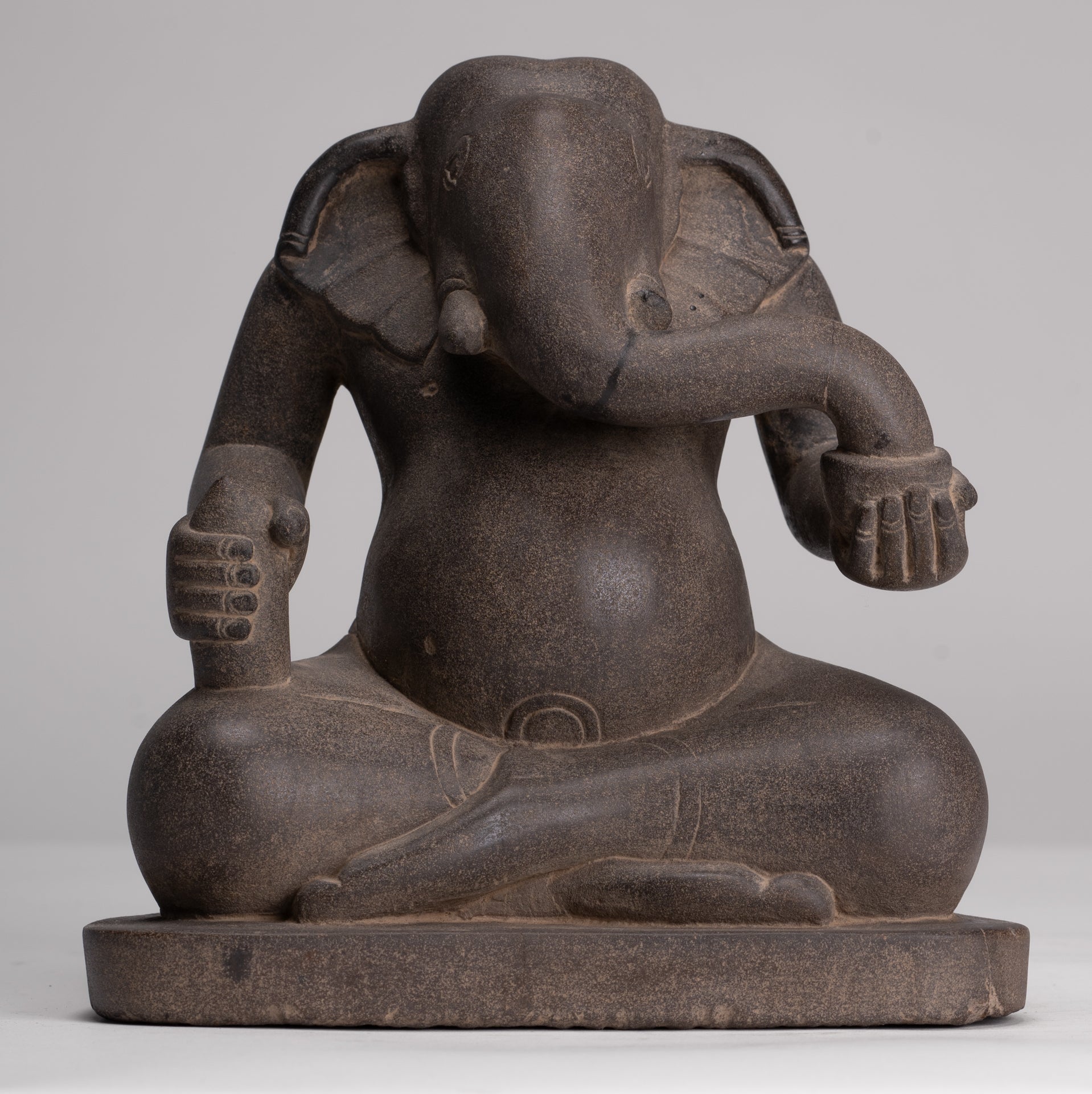 Antique Cham Style Vietnamese Seated Stone Ganesha Statue - 19cm/8"