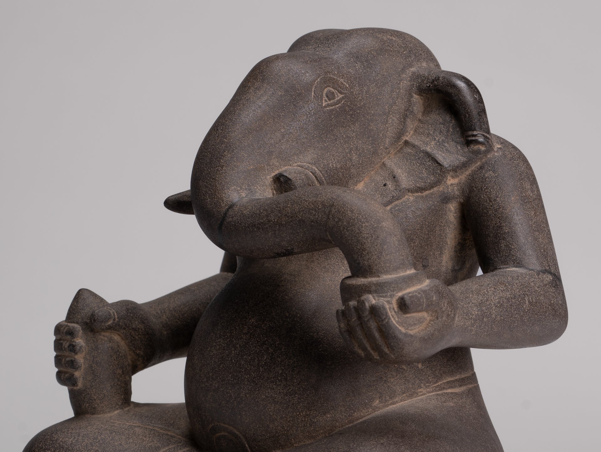 Antique Cham Style Vietnamese Seated Stone Ganesha Statue - 19cm/8"