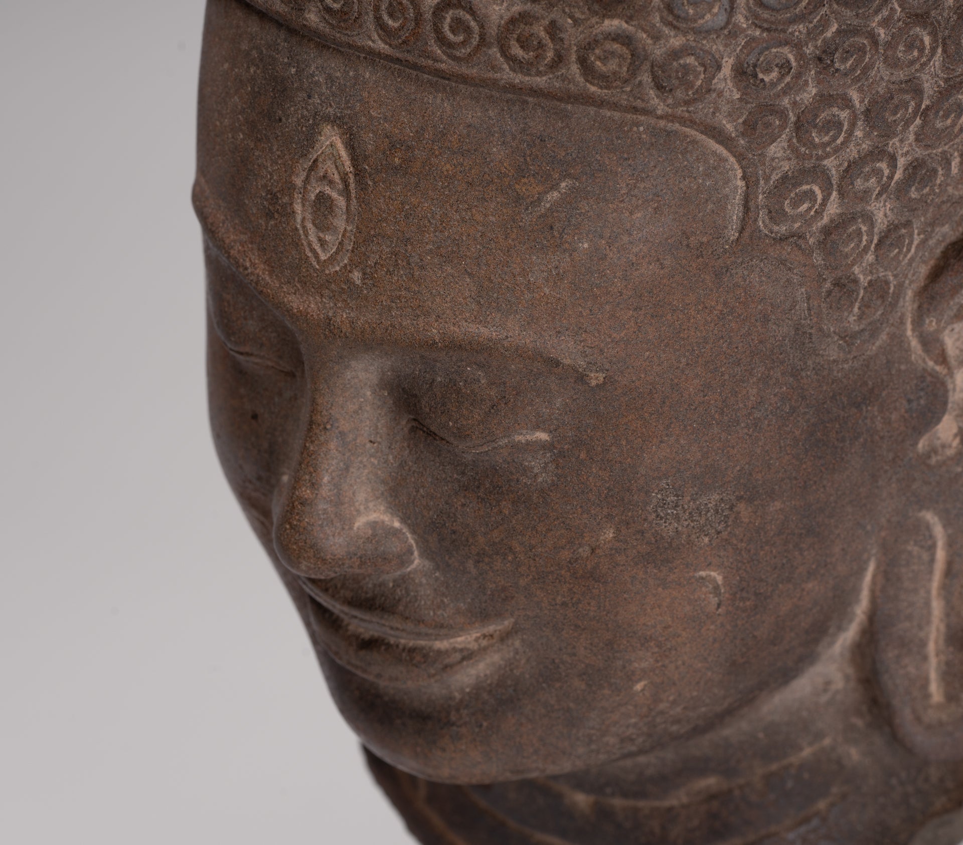 Lokeshvara Statue - Antique Khmer Style Mounted Stone Bayon Style Lokeshvara Head - 48cm/19"