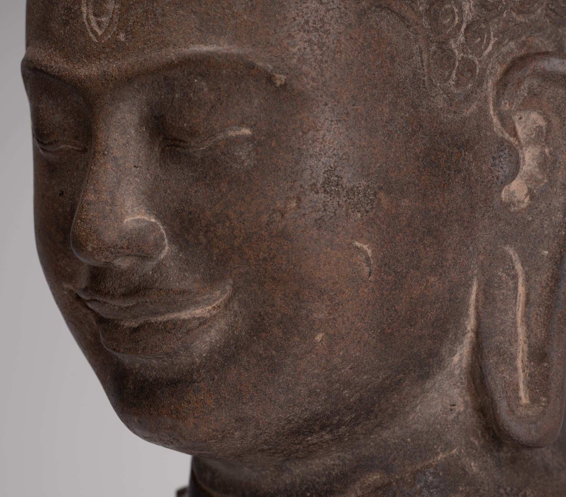 Lokeshvara Statue - Antique Khmer Style Mounted Stone Bayon Style Lokeshvara Head - 48cm/19"