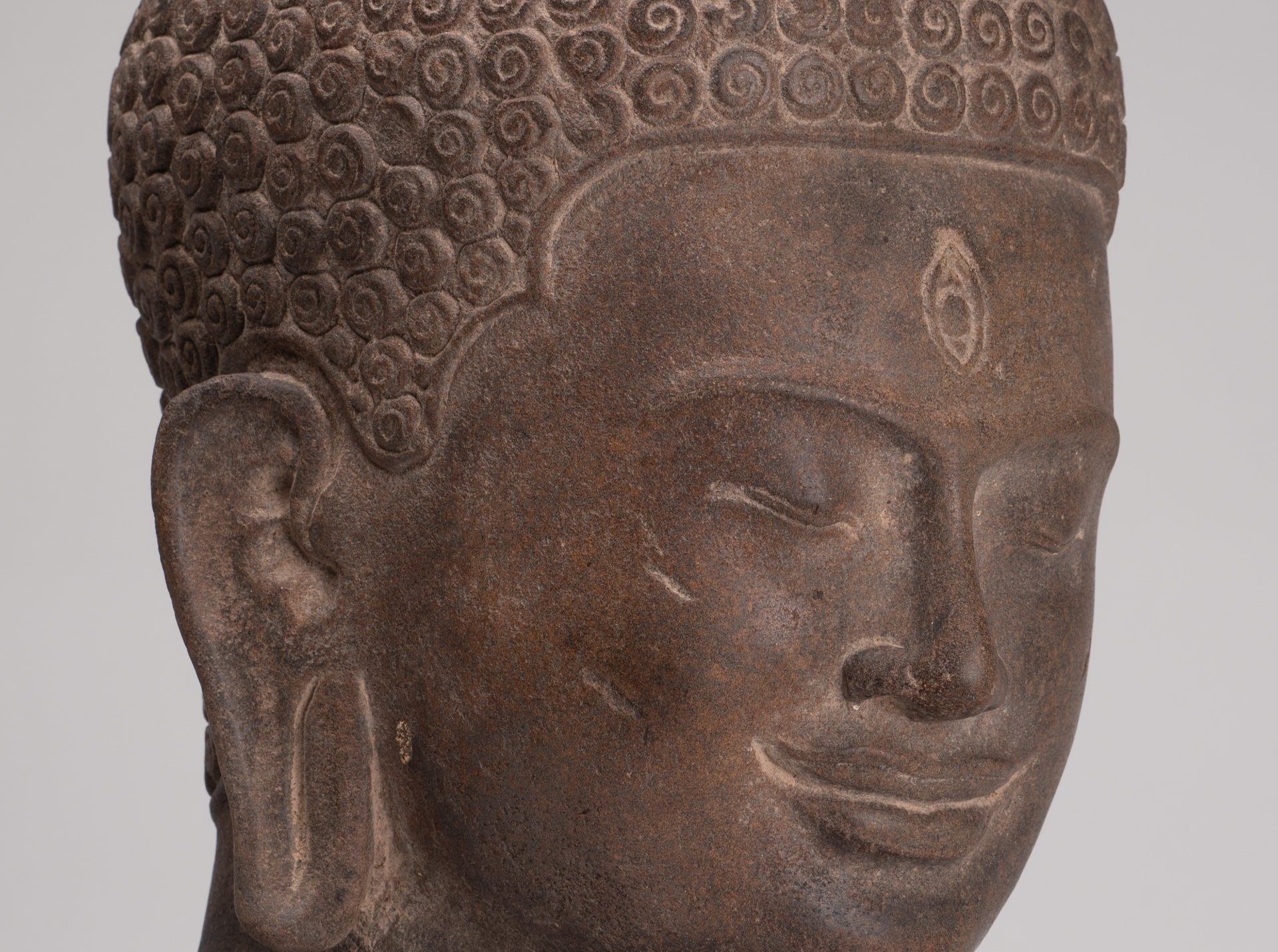 Lokeshvara Statue - Antique Khmer Style Mounted Stone Bayon Style Lokeshvara Head - 48cm/19"