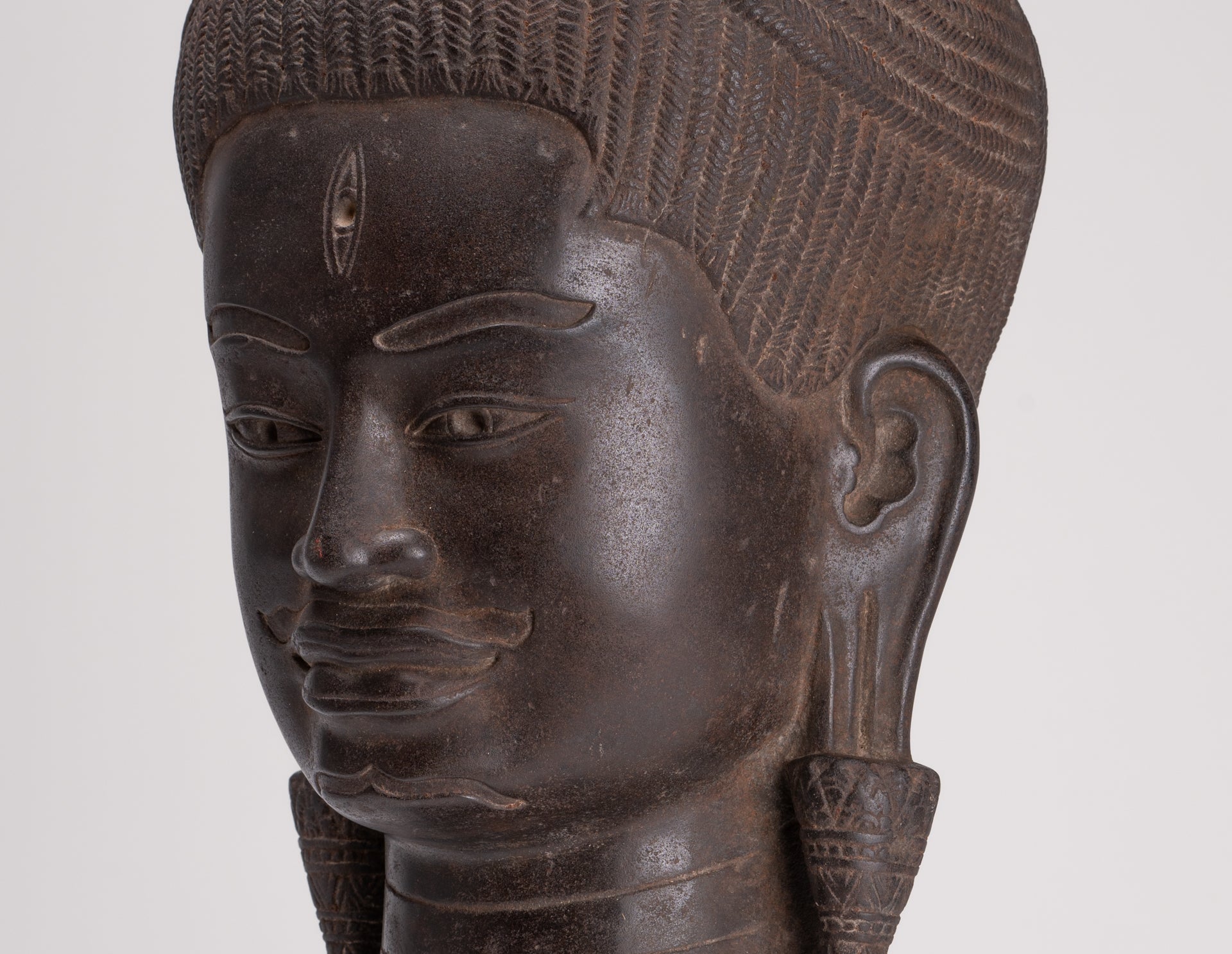 Lokeshvara Statue - Antique Khmer Style Mounted Stone Baphuon Style Lokeshvara Head - 55cm/22"