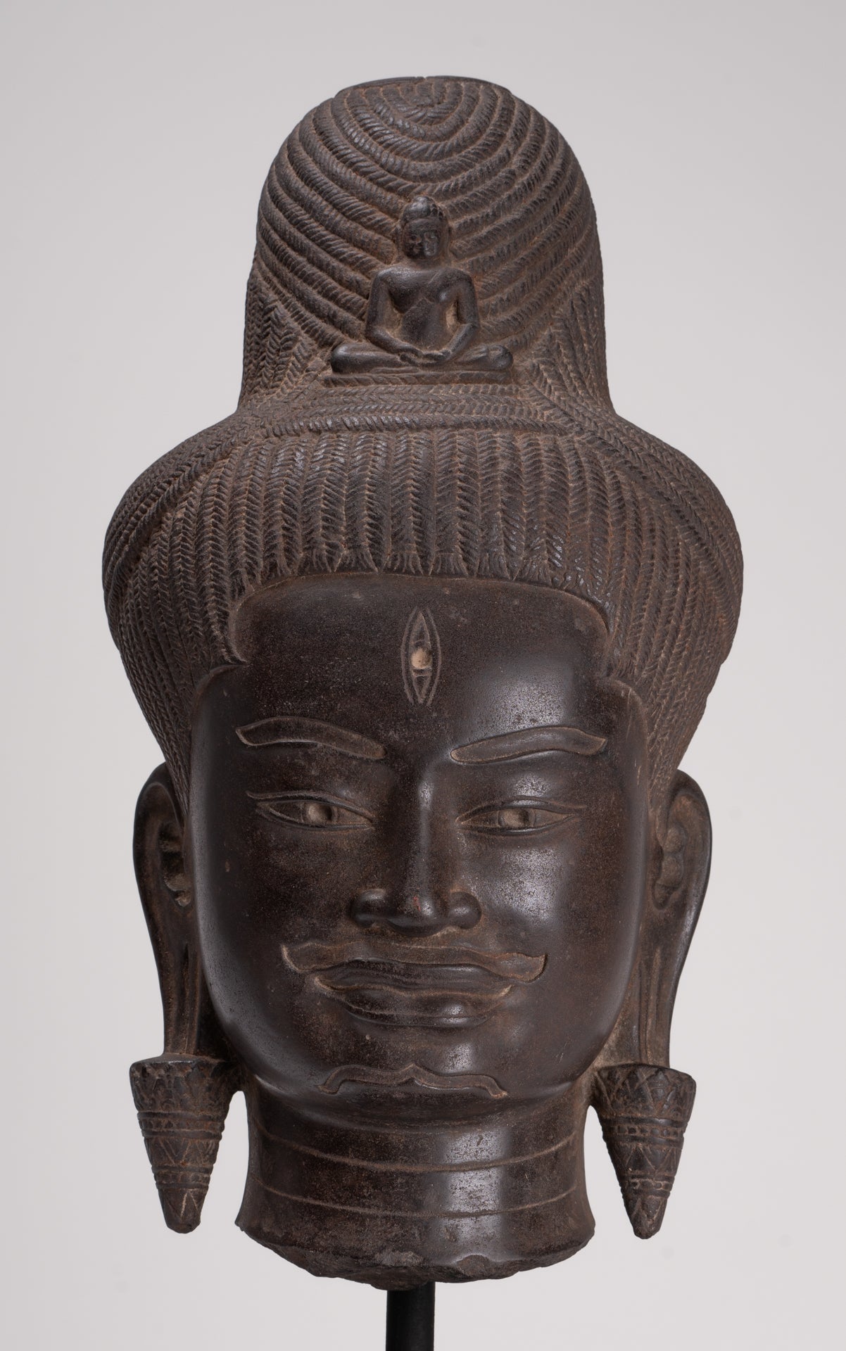 Lokeshvara Statue - Antique Khmer Style Mounted Stone Baphuon Style Lokeshvara Head - 55cm/22"
