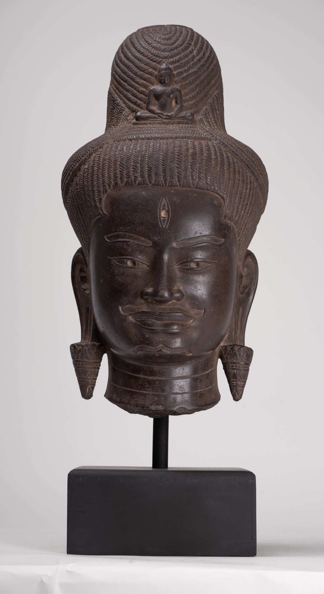 Lokeshvara Statue - Antique Khmer Style Mounted Stone Baphuon Style Lokeshvara Head - 55cm/22"