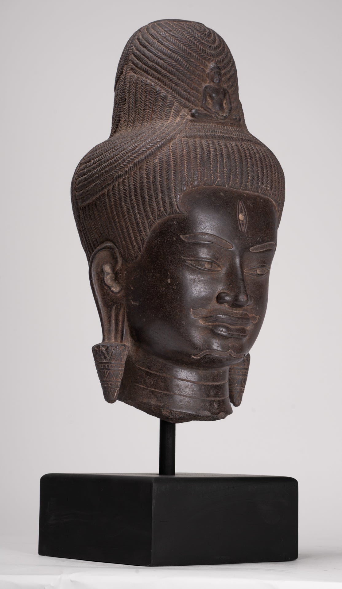 Lokeshvara Statue - Antique Khmer Style Mounted Stone Baphuon Style Lokeshvara Head - 55cm/22"