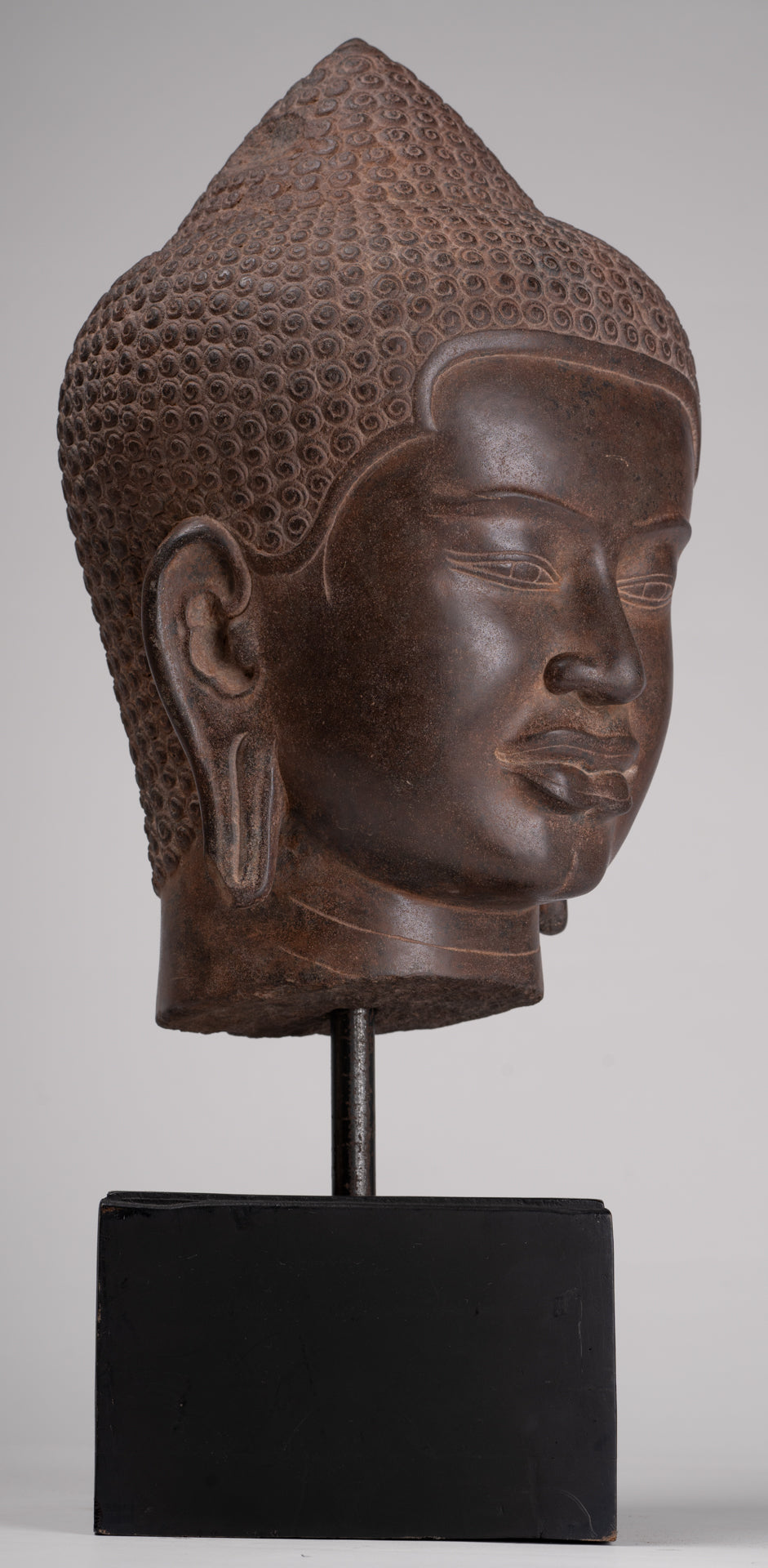 Buddha Statue - Antique Pre-Angkor Style Mounted Stone Khmer Buddha Head - 55cm/22" Tall