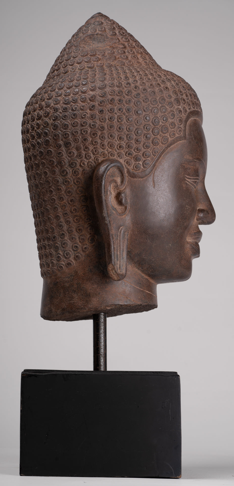 Buddha Statue - Antique Pre-Angkor Style Mounted Stone Khmer Buddha Head - 55cm/22" Tall