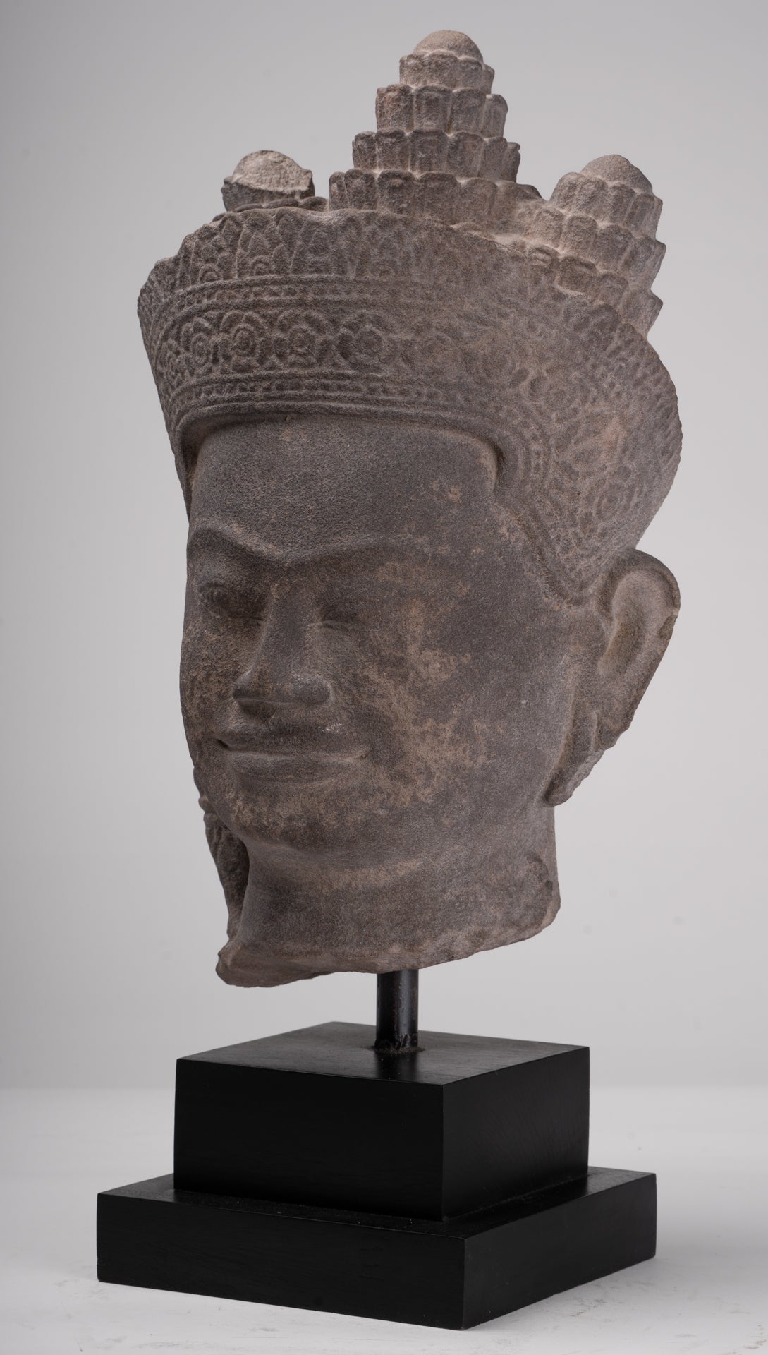 Jayavarman Statue - Antique Khmer Style Mounted Stone Jayavarman VII Head Statue - 53cm/21"