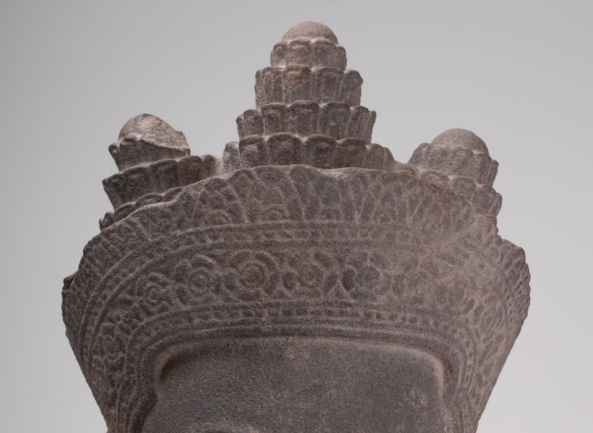 Jayavarman Statue - Antique Khmer Style Mounted Stone Jayavarman VII Head Statue - 53cm/21"