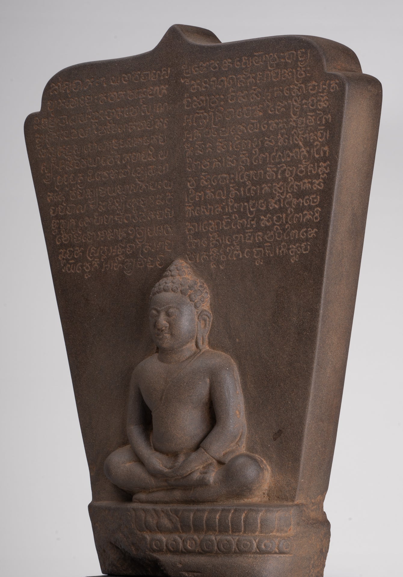 Buddha Statue - Antique Khmer Style Stone Stele Seated Meditation Buddha Statue - 46cm/18"