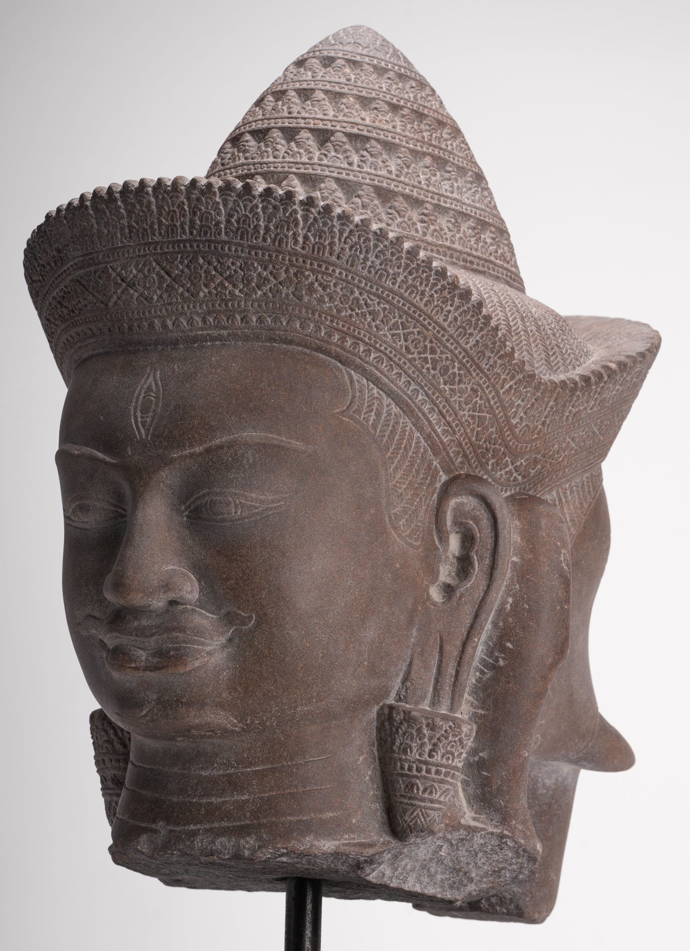 Shiva Ganesha Statue - Antique Banteay Srei Style Khmer Stone Shiva & Ganesha Statue Head - 54cm/22"