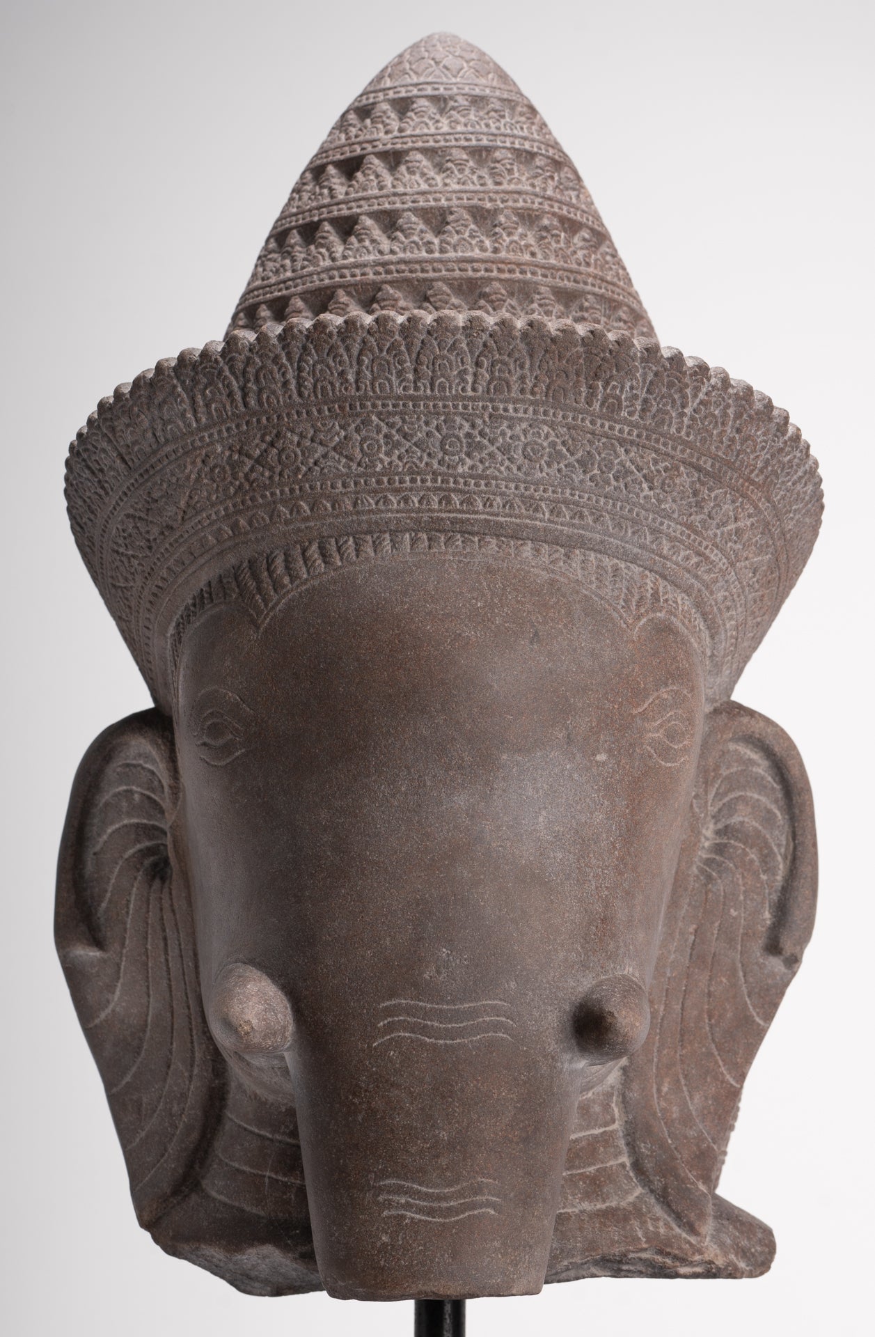 Shiva Ganesha Statue - Antique Banteay Srei Style Khmer Stone Shiva & Ganesha Statue Head - 54cm/22"