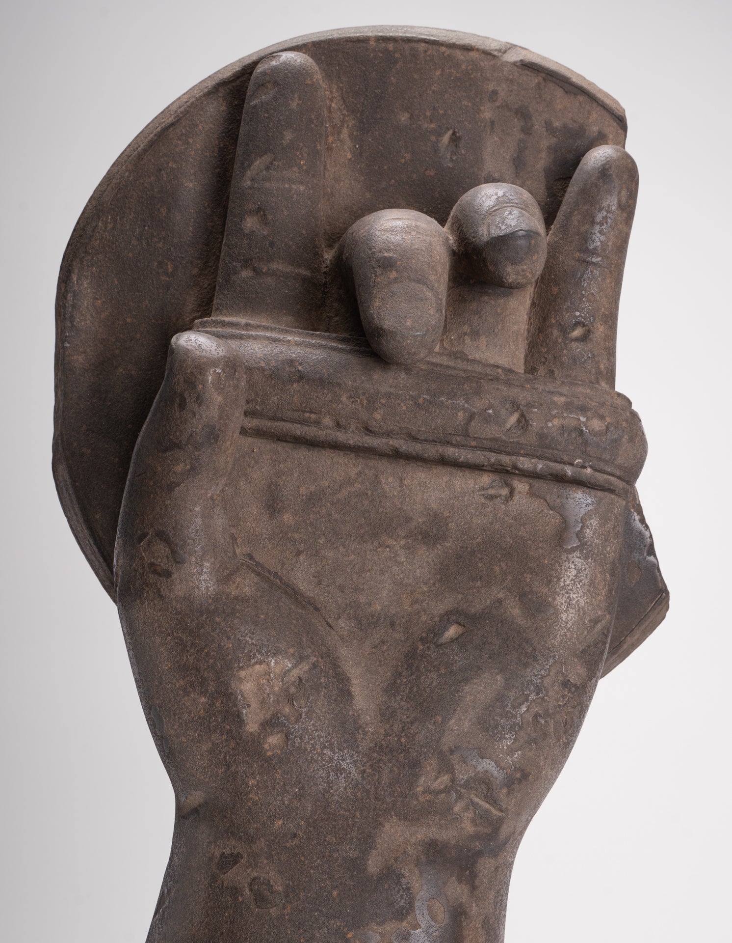 Jayavarman Statue - Antique Khmer Style Stone Bayon Mounted Jayavarman Bodyguard Shield Statue - 69cm/28"