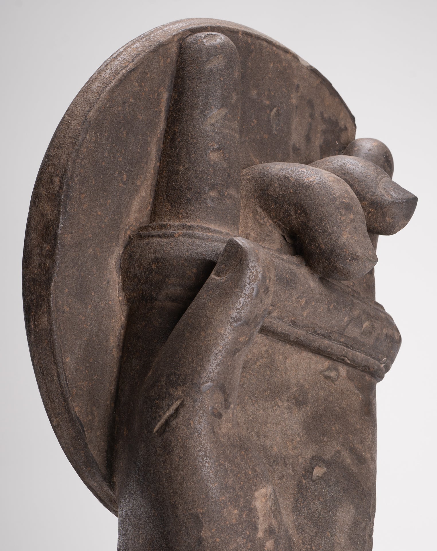 Jayavarman Statue - Antique Khmer Style Stone Bayon Mounted Jayavarman Bodyguard Shield Statue - 69cm/28"