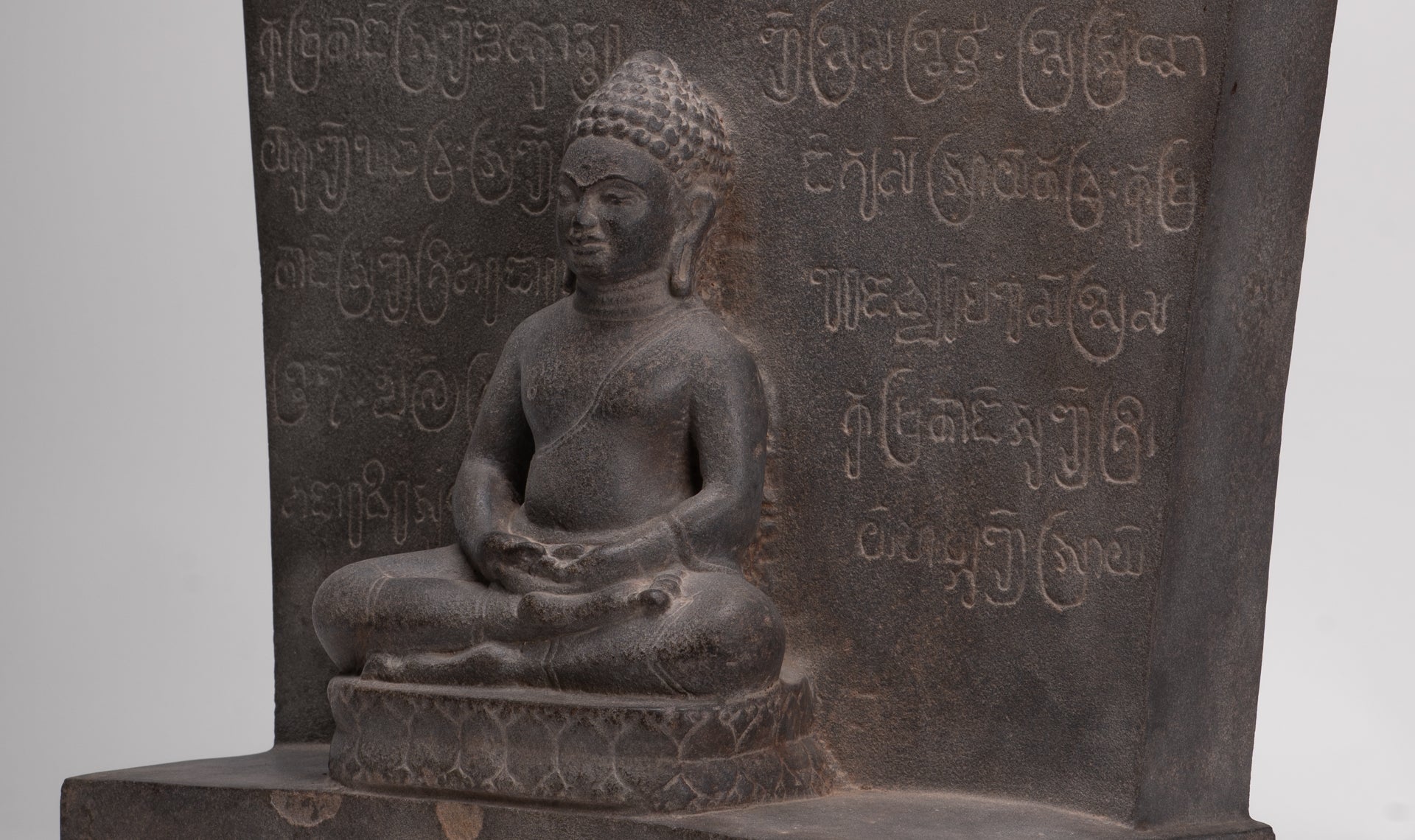 Buddha Statue - Antique Khmer Style Stone Stele Seated Meditation Buddha Statue - 61cm/24"