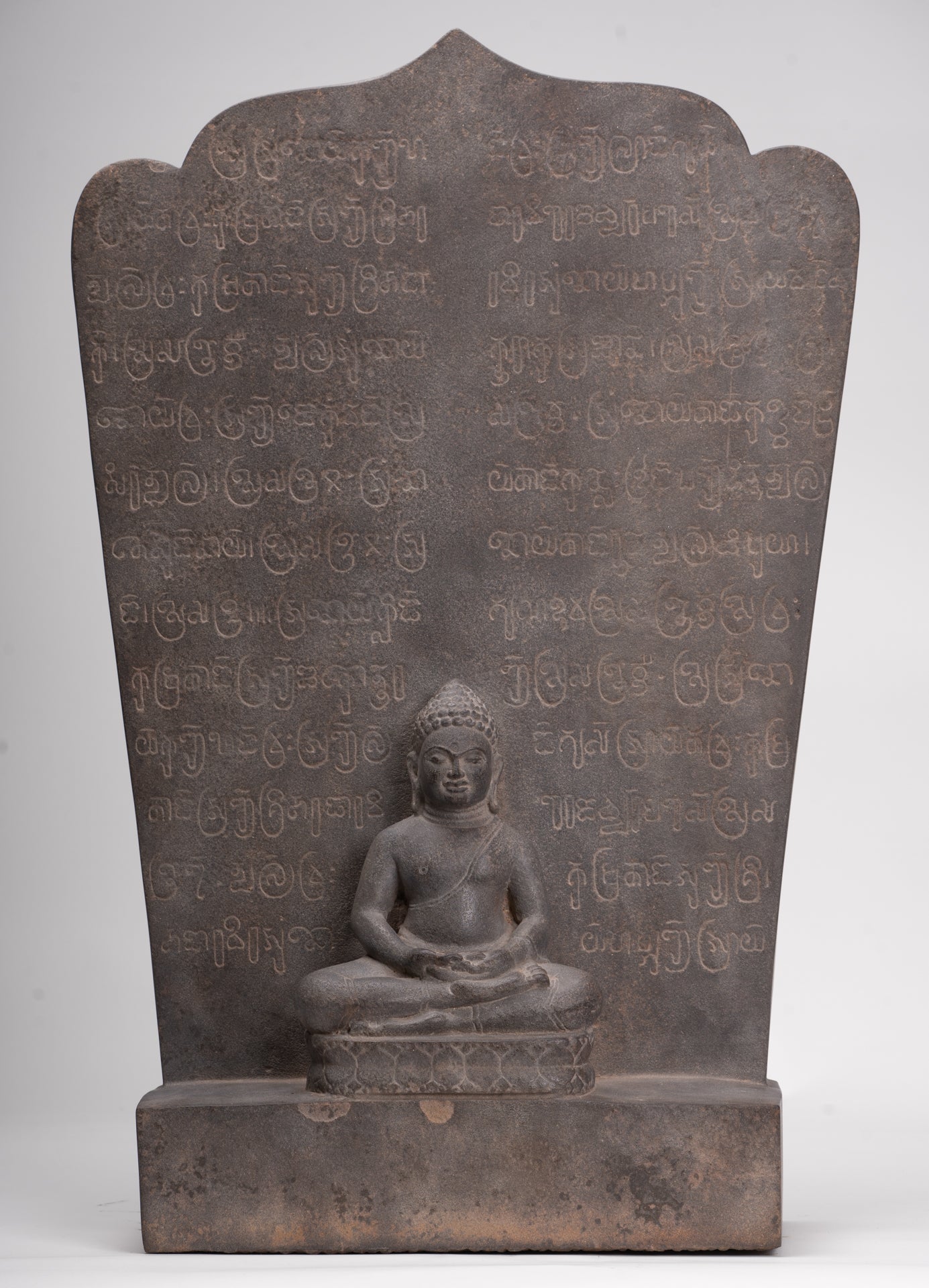 Buddha Statue - Antique Khmer Style Stone Stele Seated Meditation Buddha Statue - 61cm/24"