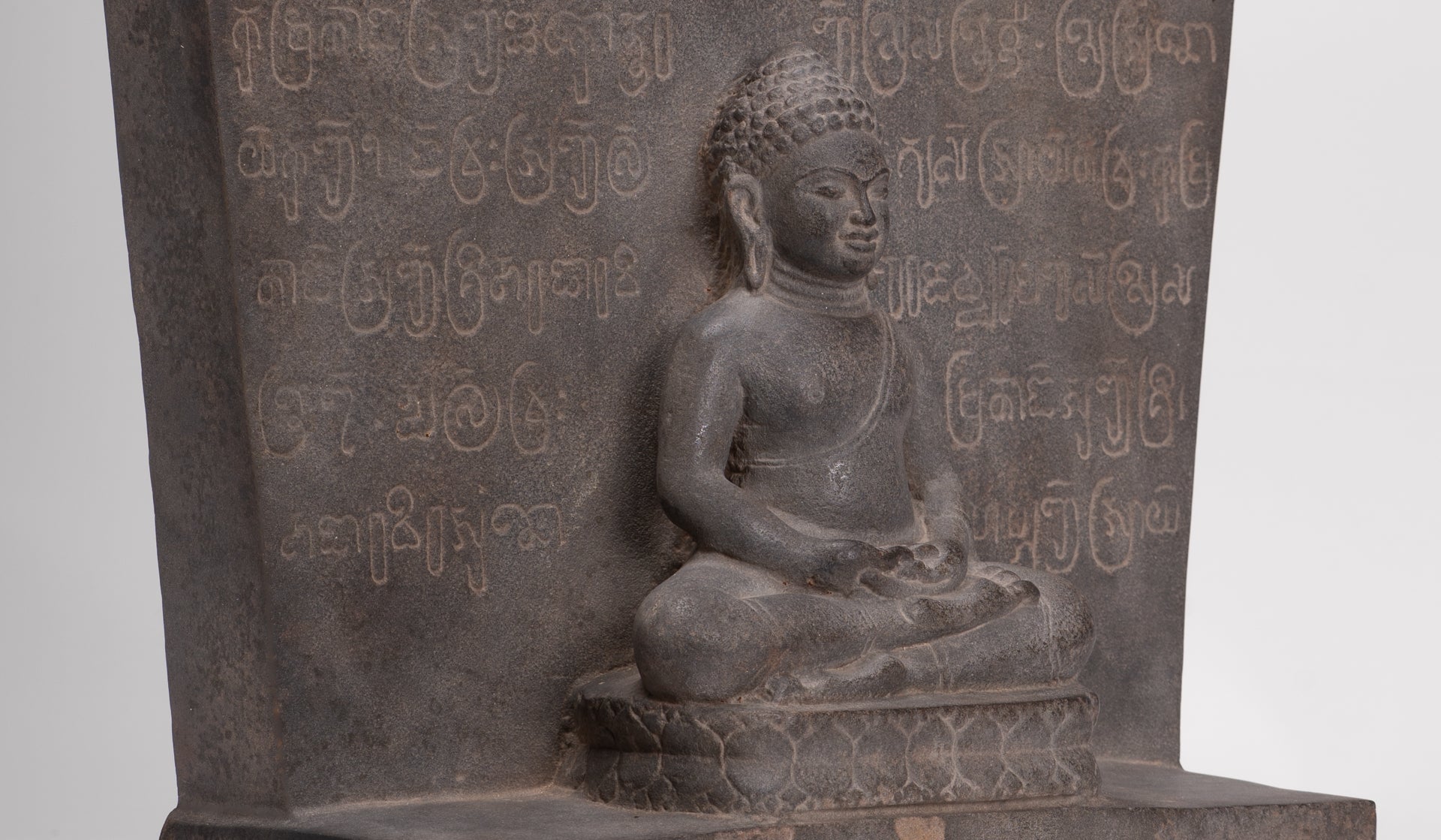 Buddha Statue - Antique Khmer Style Stone Stele Seated Meditation Buddha Statue - 61cm/24"