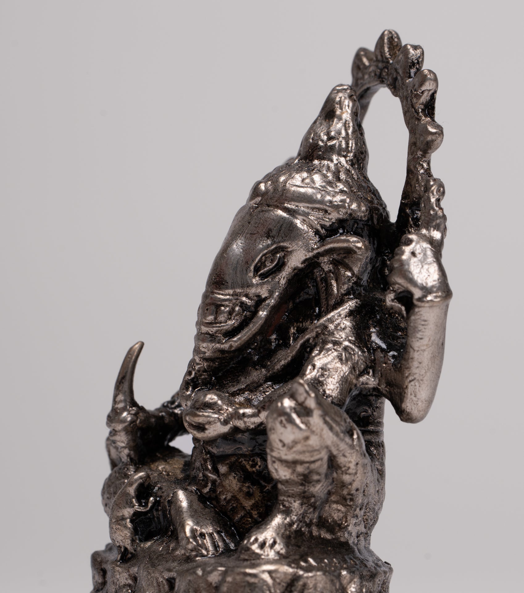 Ganesha Statue - Antique Thai Style Bronze Seated Silver Ganesha Statue - 10cm/4"