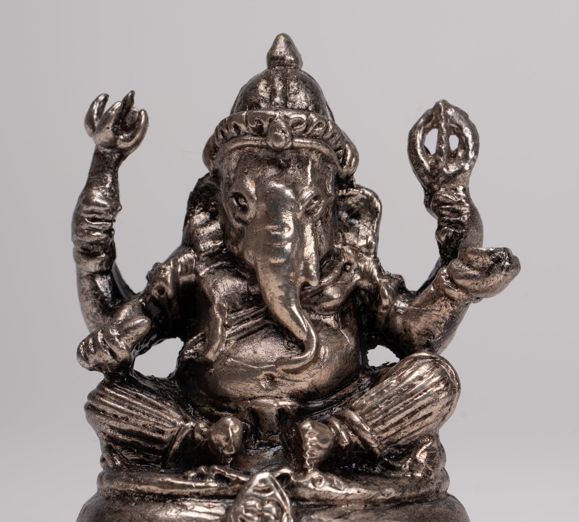 Ganesha Statue - Antique Thai Style Bronze Seated Silver Ganesha Statue - 8cm/3"