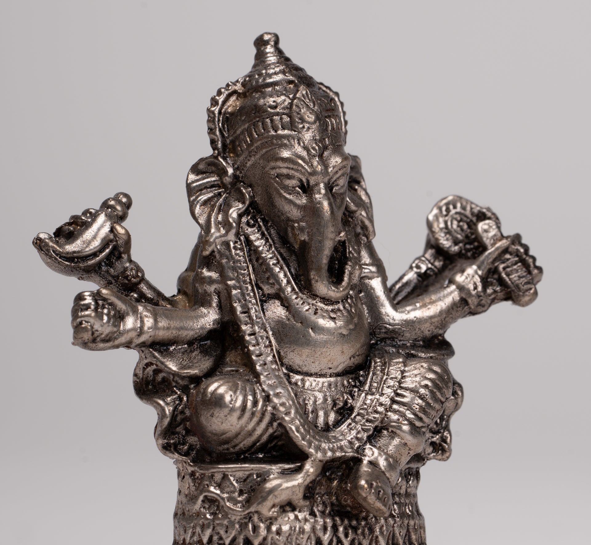 Ganesha Statue - Antique Thai Style Bronze Seated Silver Ganesha Statue - 8cm/3"
