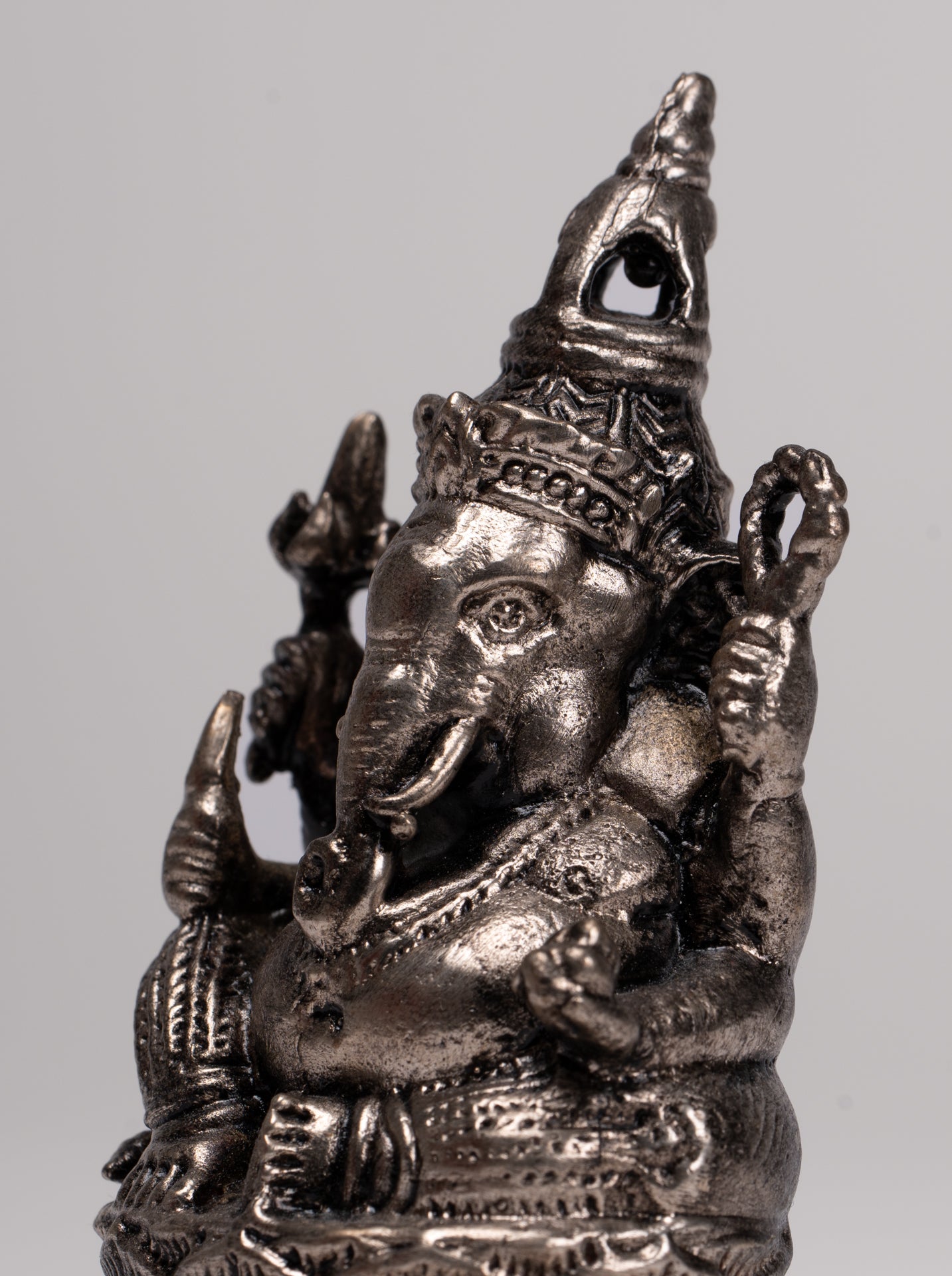 Ganesha Statue - Antique Thai Style Bronze Seated Silver Ganesha Statue - 8.5cm/3"