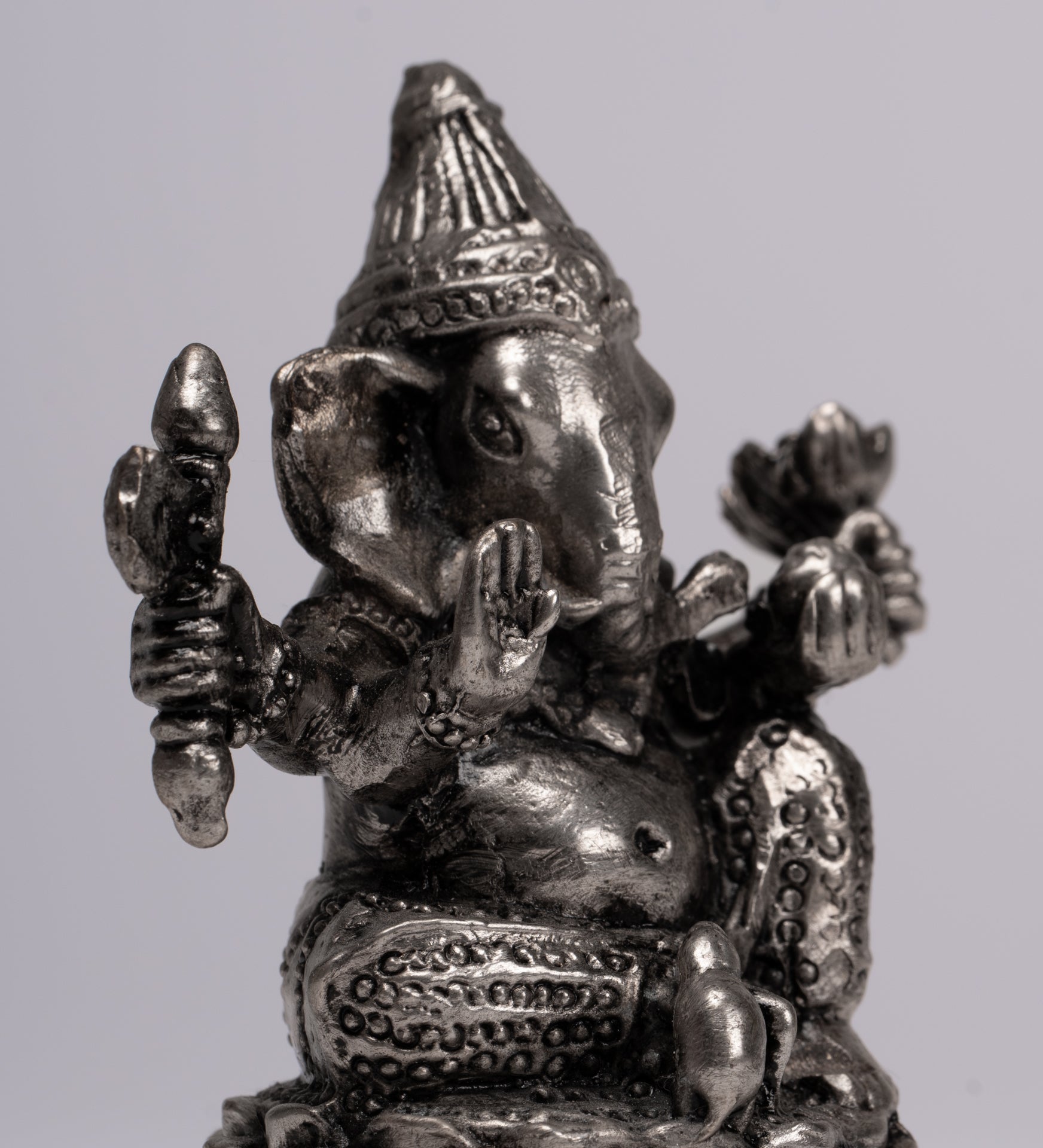 Ganesha Statue - Antique Thai Style Bronze Seated Silver Ganesha Statue - 8cm/3"