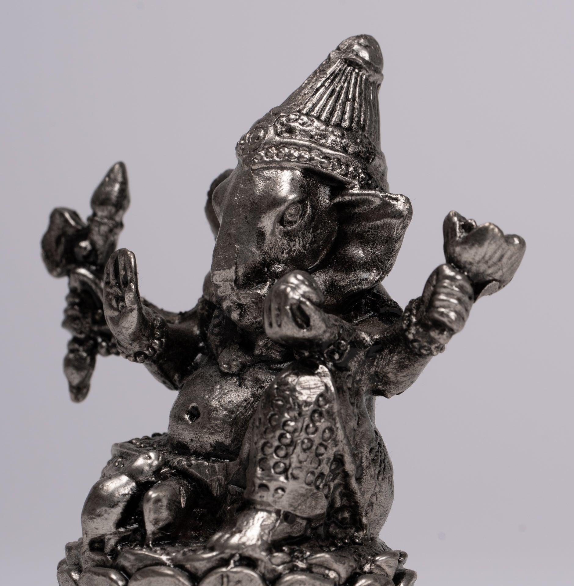Ganesha Statue - Antique Thai Style Bronze Seated Silver Ganesha Statue - 8cm/3"