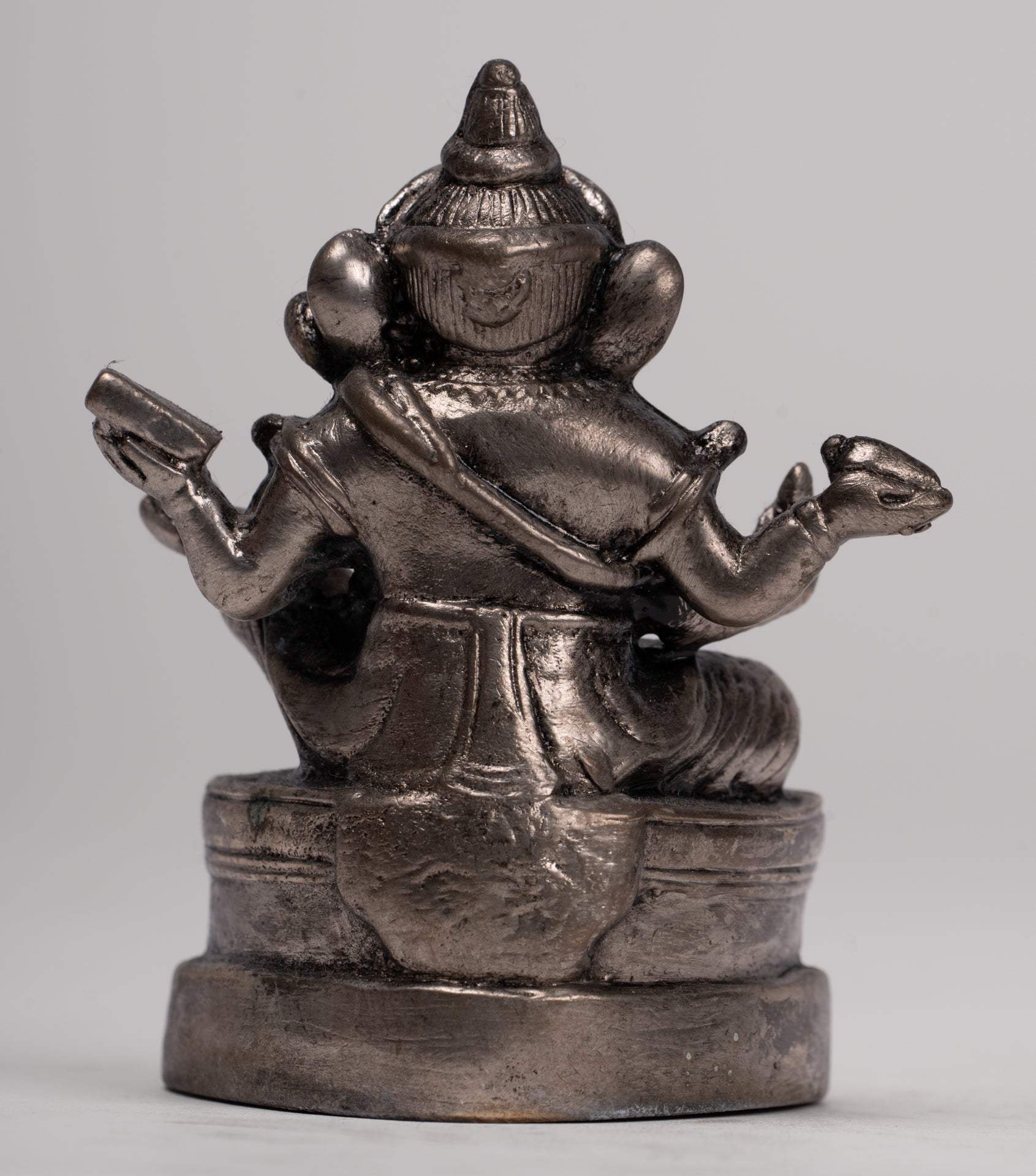 Ganesha Statue - Antique Thai Style Bronze Seated Silver Ganesha Statue - 9cm/4"