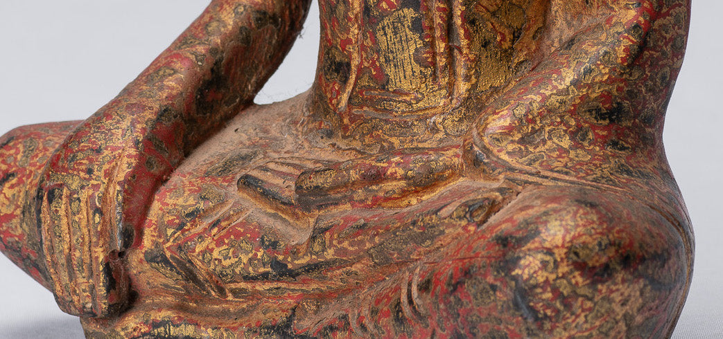 Buddha Statue-Antique Khmer Style SE Asia Seated Wood Enlightenment Buddha Statue-21cm/8 "