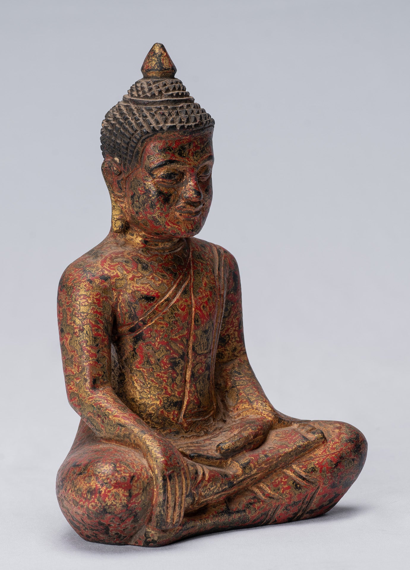Buddha Statue-Antique Khmer Style SE Asia Seated Wood Enlightenment Buddha Statue-21cm/8 "