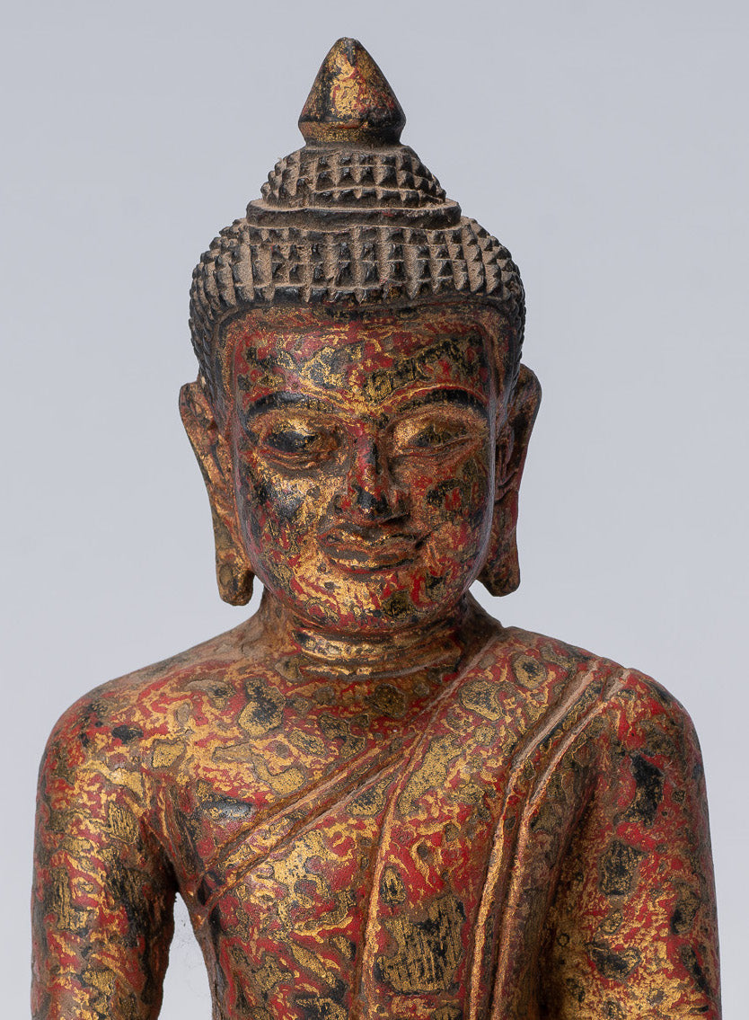 Buddha Statue-Antique Khmer Style SE Asia Seated Wood Enlightenment Buddha Statue-21cm/8 "