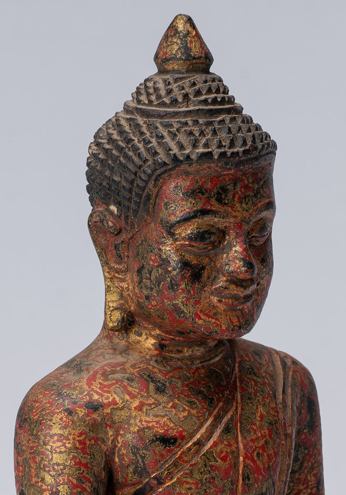 Buddha Statue-Antique Khmer Style SE Asia Seated Wood Enlightenment Buddha Statue-21cm/8 "